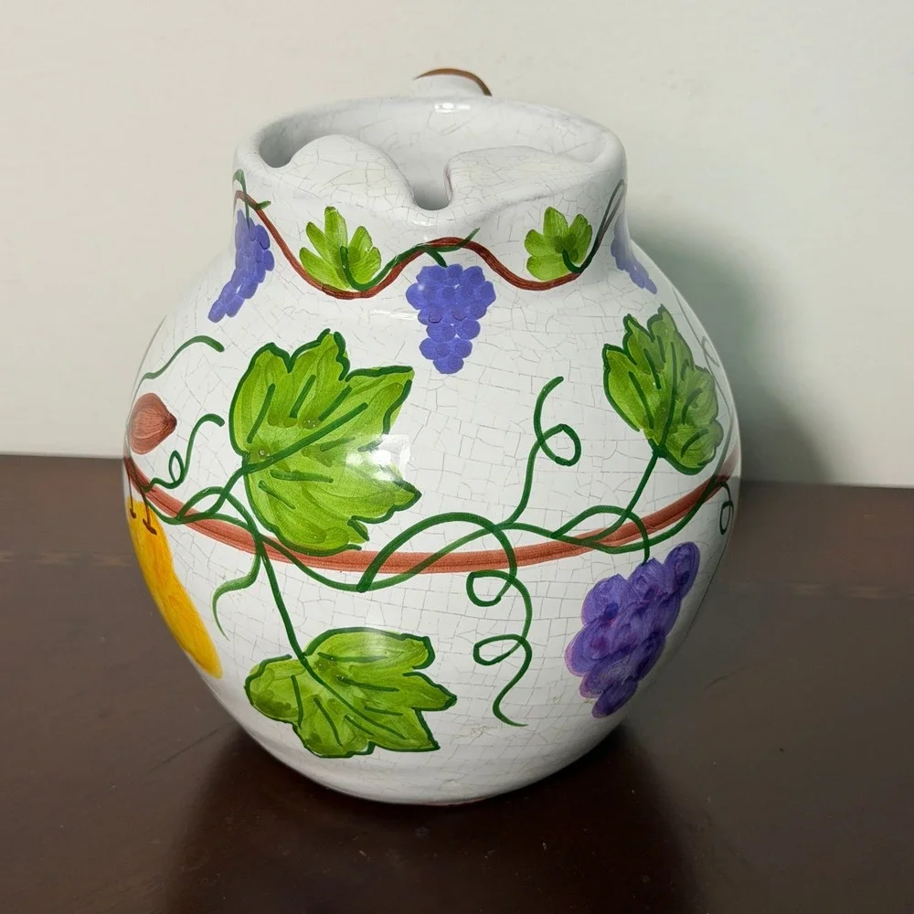 Vintage Portugal Hand Painted Ceramic Pitcher Grape Vine Crackle Glaze Vase